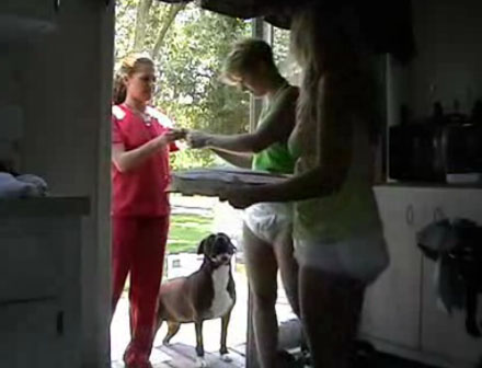 Watch video Girls in diapers for pizza?